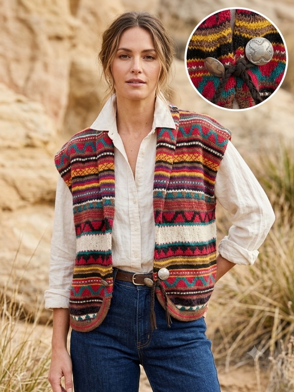 ​TWICKERS Kenneth Gordon Vintage Southwestern Fair Isle Knit Vest Cotton Linen